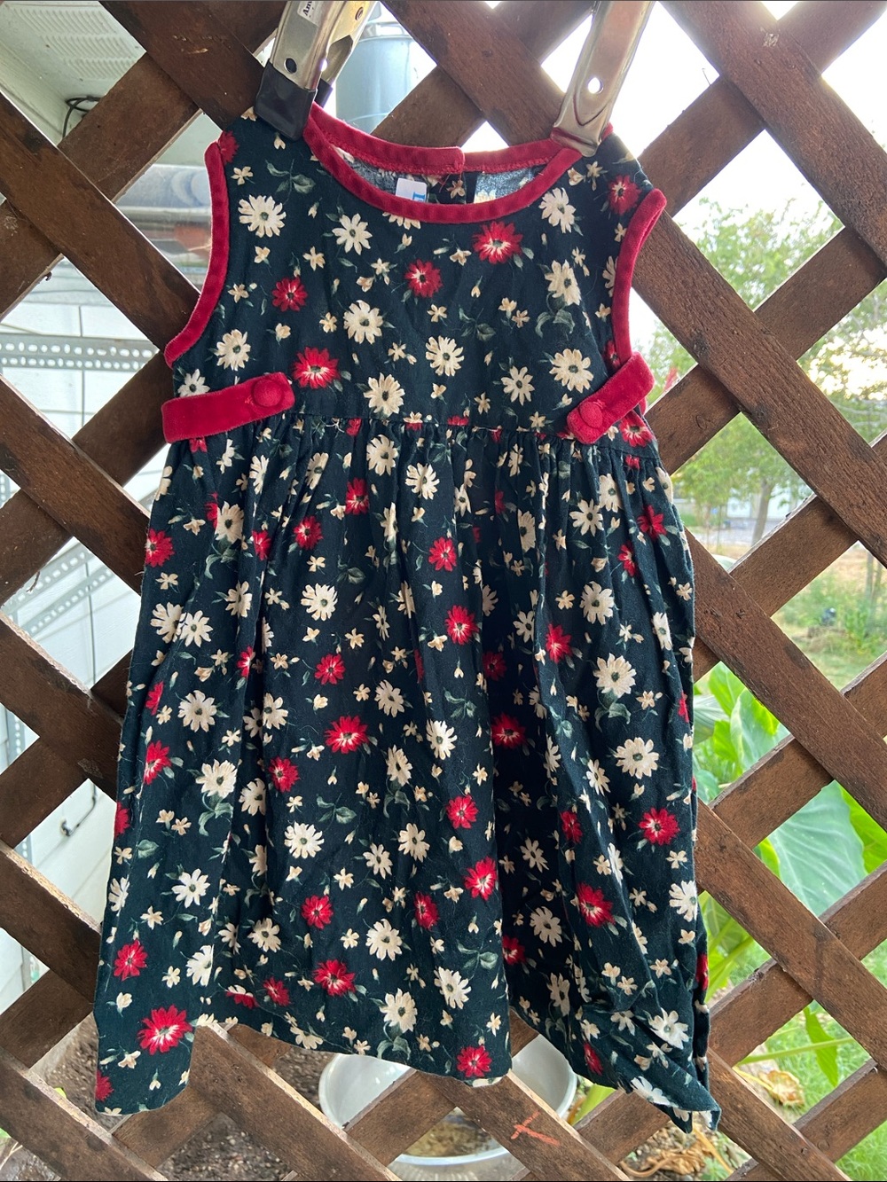 Vintage Girls Navy Floral Velvet-Trim Dress - Red & White Flower